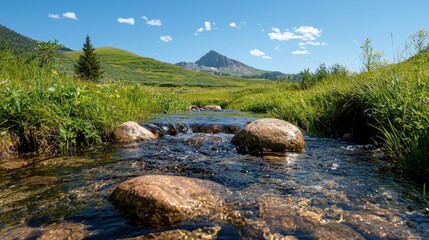 A flowing stream courses through a beautiful green mountain landscape
