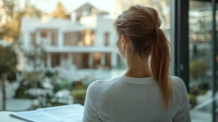 Woman in Sweater Gazes at Modern Architectural Home