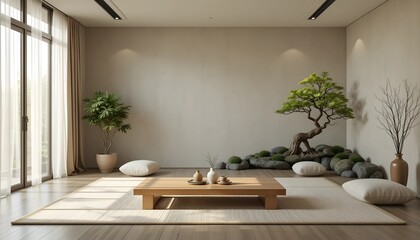 Fototapeta premium Minimalist Living Room with Floor Seating and Indoor Rock Garden