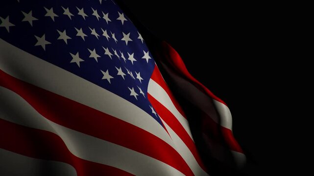 A closeup, spotlight-lit realistic 3D animation of the American flag waving, showcasing its iconic stars and stripes and smooth, flowing motion