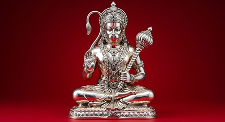  Hanuman,  Silver statue, Hindu god deitydevotional sculpture, ornate details, multiple arms, traditional attire, religious iconography, standing pose, red background, metallic sheen, cultural artwork