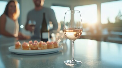 Obraz premium Glass of white wine on table with food and people in sunlit room