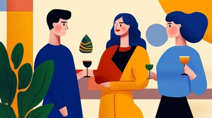 Obraz premium Warm Colored Pixel Art Illustration of Friends Enjoying Drinks at a Gathering