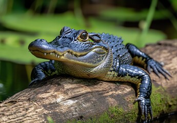 Fototapeta premium Close-Up of an Alligator on a Log Surrounded by Lush Greenery in a Serene Natural Habitat