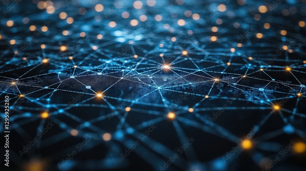 Poster abstract network connections with glowing dots in blue and yellow colors representing digital data f