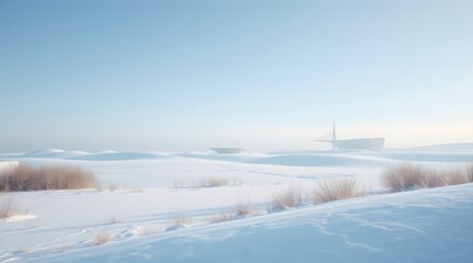 Serene winter landscape showcasing a tranquil snowy expanse under a clear blue sky, featuring soft light and minimalistic beauty, perfect for capturing the essence of cold seasonal tranquility