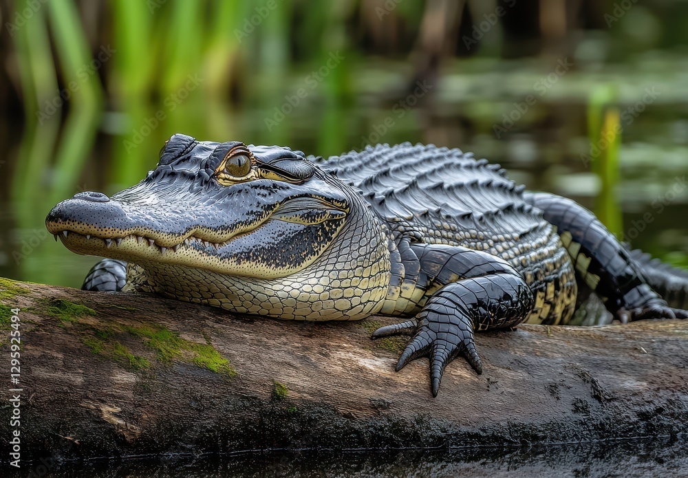 Aufkleber close-up of an alligator resting on a log in a lush wetland environment with water and greenery surr