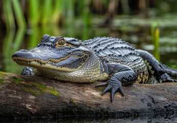 Close-up of an Alligator Resting on a Log in a Lush Wetland Environment with Water and Greenery Surrounding the Majestic Creature