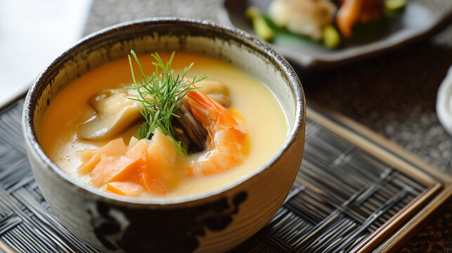 Close-up of Chawanmushi, a Traditional Japanese Savory Egg Custard