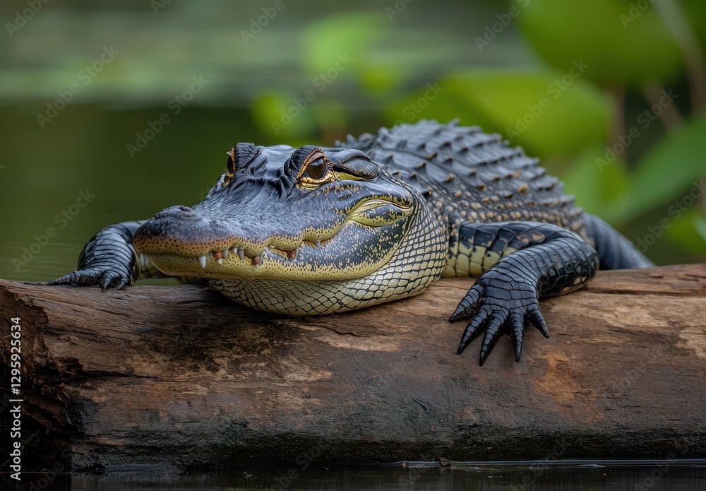 Poster close-up of an alligator resting on a log in a serene water environment surrounded by lush greenery 
