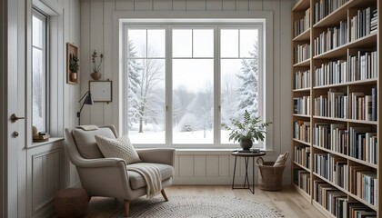 Obraz premium Scandinavian Living Room with Fireplace and Snowy View