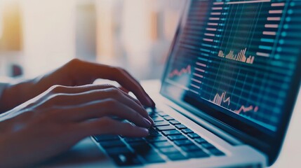 A close-up of hands typing on a laptop displaying colorful data graphs, suggesting analysis or programming in a digital workspace.