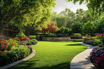 Lush garden landscape, manicured lawn, curved stone retaining walls, ornamental trees