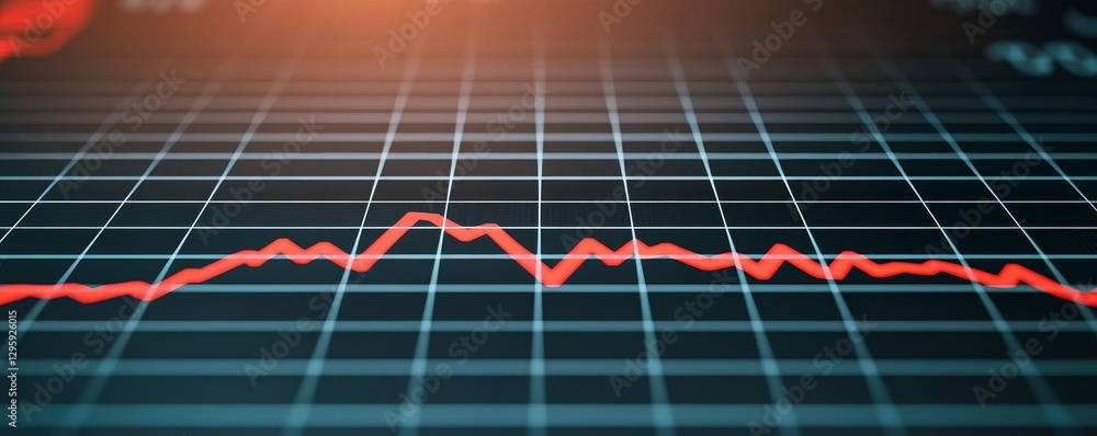 Poster a close-up view of a fluctuating financial graph with a red line on a grid background, indicating ma