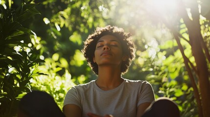 A rare illness patient relaxing in a sunlit garden, focusing on breathing exercises. Featuring mindfulness and recovery