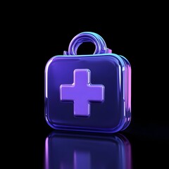 Obraz premium Glossy Blue and Purple 3D Rendering of a First Aid Kit Icon Floating in the Air Against a Black Background