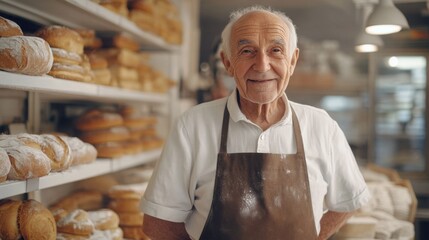 Cheerful elderly baker standing confidently in his bakery, surrounded by fresh bread and pastries, showcasing his craftsmanship and passion for baking
