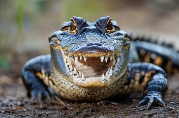 Obraz premium Close-Up of an Alligator Smiling with Sharp Teeth in Its Natural Habitat Showcasing Its Unique Texture and Vibrant Colors in Bright Lighting