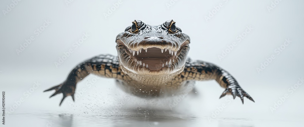Poster close-up of an alligator swimming towards camera with open mouth and sharp teeth in a clear water en