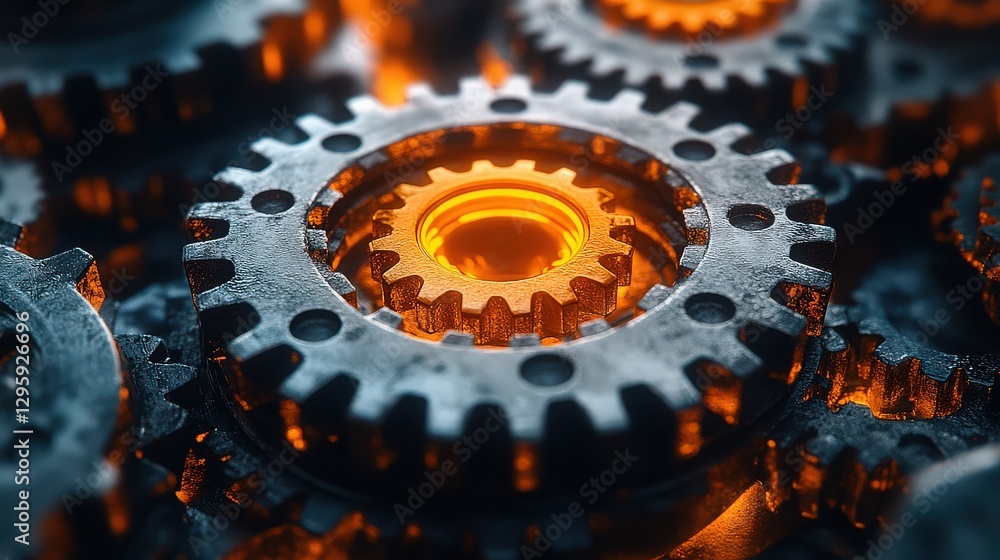 Poster Close-Up View of Vintage Metallic Gears with Glowing Centers Creating an Intricate Mechanical Display of Industrial Technology and Engineering Concepts