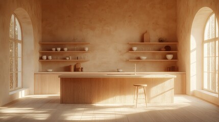 Sunny, minimalist wooden kitchen with arched windows