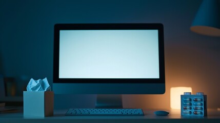 A dimly lit workspace featuring a blank computer screen, a tissue box, and a lamp, creating a calm and focused atmosphere.