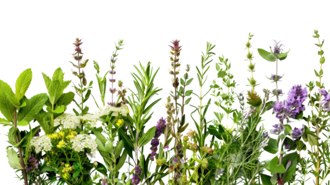 Fresh culinary herbs growing in a garden with transparent background