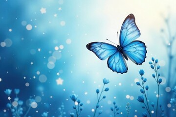 Blue butterfly with wings fluttering over a soft blue watercolor landscape , flowers, peaceful, gentle