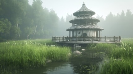 Obraz premium Misty Pagoda by the Lake