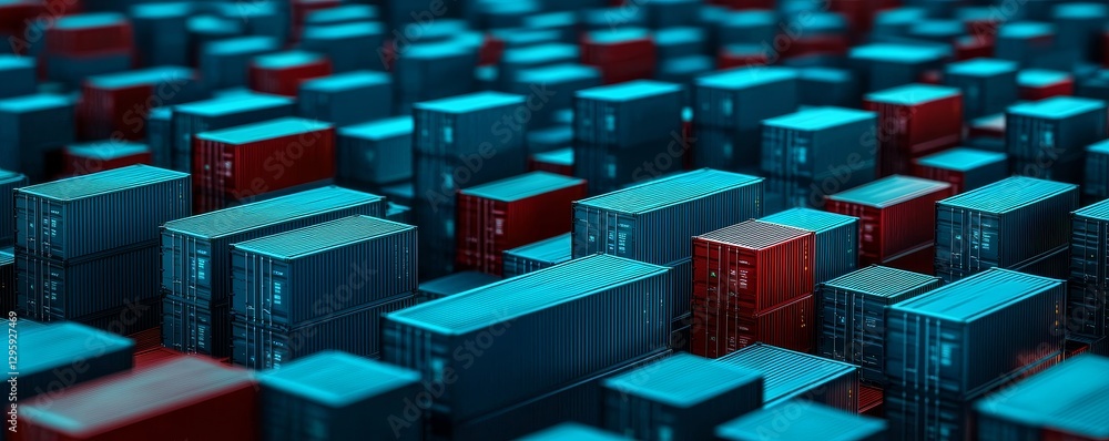 Poster a vibrant array of shipping containers in blue and red, showcasing a 3d perspective of a bustling po