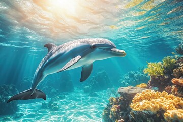 Obraz premium Vibrant underwater scene with dolphin amidst sunlit coral reefs for nature themes