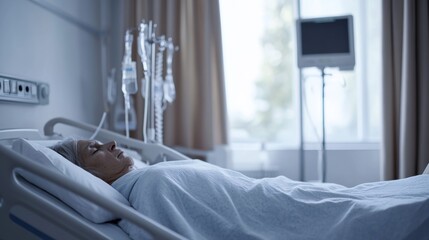 A rare illness patient resting in a peaceful bedroom, with a supportive pillow. Featuring comfort and rest