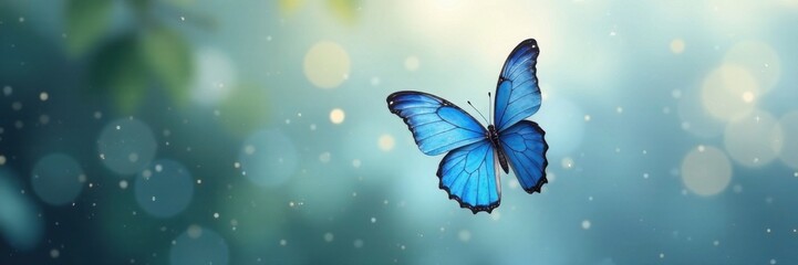 Blue watercolor butterfly in flight with subtle background blur, animal, blue, flight