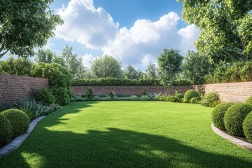 Obraz premium Lush green lawn, manicured garden, brick wall, evergreen trees, blue sky with fluffy clouds, vibrant landscape, suburban backyard