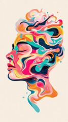 Obraz premium Inner Flow: A conceptual portrait illustration of a woman in profile with vibrant, swirling colorful patterns, symbolizing the fluidity of thought and emotion