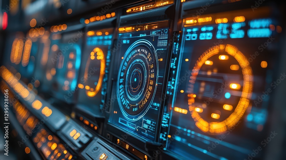Aufkleber futuristic control panel interface with illuminated screens, circles, and digital displays for scien