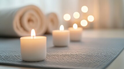 A rare illness patient resting on a yoga mat with candles around. Featuring calm and tranquility