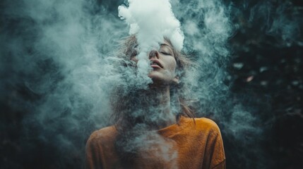 Obraz premium Amidst a dense, mysterious forest, a young woman closes her eyes as thick smoke envelops her, creating an ethereal ambiance at twilight