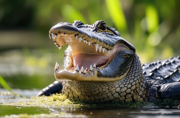 Fototapeta premium Close-Up of an Alligator with Open Mouth Revealing Sharp Teeth Surrounded by Lush Green Vegetation in a Calm Water Environment