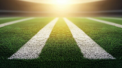 Obraz premium Sunlit football field with white stripes and vibrant green grass
