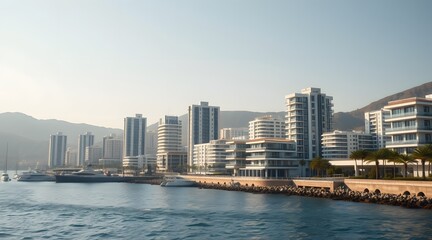 Modern coastal city skyline featuring luxurious waterfront buildings, serene ocean views, and tropical mountains, perfect for leisure and tourism.  