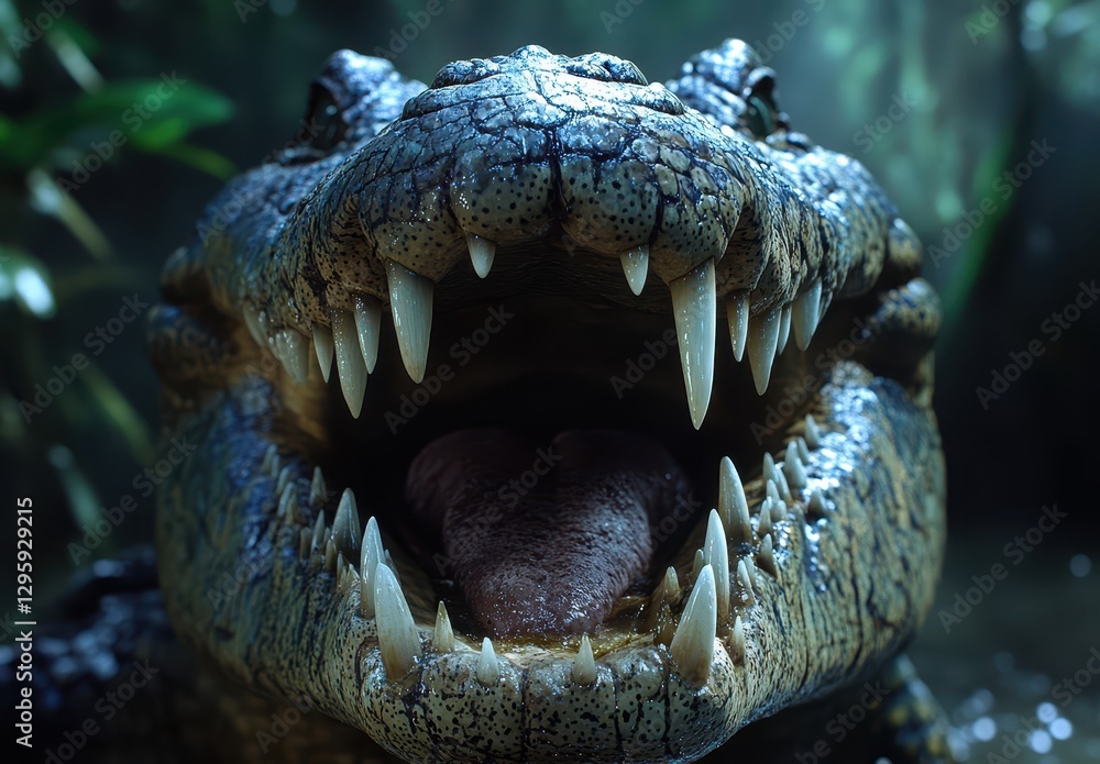 Poster close-up of an alligator with open mouth, displaying sharp teeth and wet tongue in a natural habitat