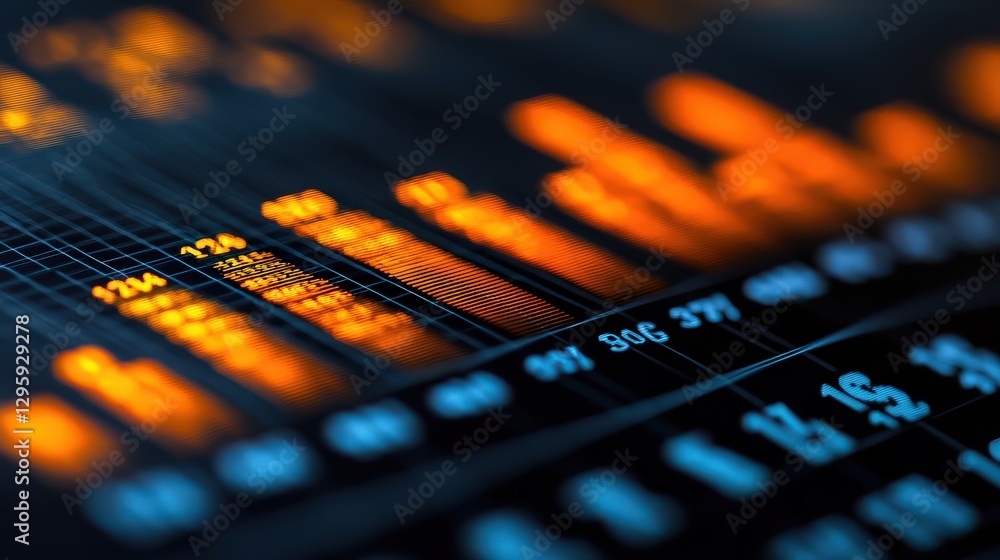 Poster intricate close-up of financial data visualization with orange and black color scheme highlighting g