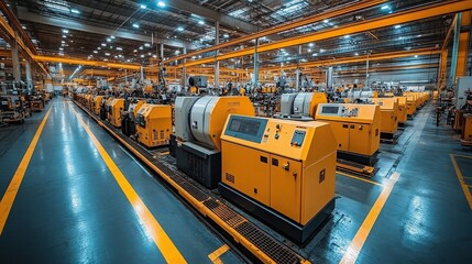 Naklejka premium Industrial Warehouse Interior Featuring Rows of Heavy Machinery and Equipment with Bright Overhead Lighting in a Modern Manufacturing Facility