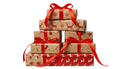 Isolated Stack of Christmas Gifts: A Tower of Holiday Presents with Red Ribbons