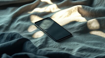 Phone on bed, sunlit sheets, morning