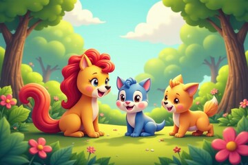 Cartoon animal friends playing together in a colorful garden, illustration, outdoor, fun