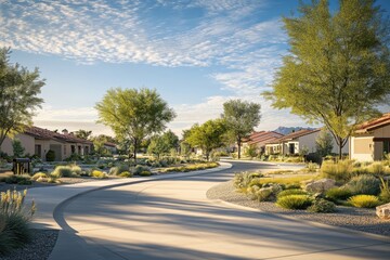 Residential neighborhood, suburban homes, manicured landscaping, winding concrete path, lush green trees