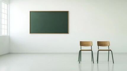 Minimalist Classroom Composition Green Chalkboard, Wooden Chairs, White Walls,Interior Design,Simple Classroom Setup Classroom, Minimalist