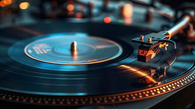 Tocadiscos reproduciendo un vinilo con luz ambiental c&aacute;lida